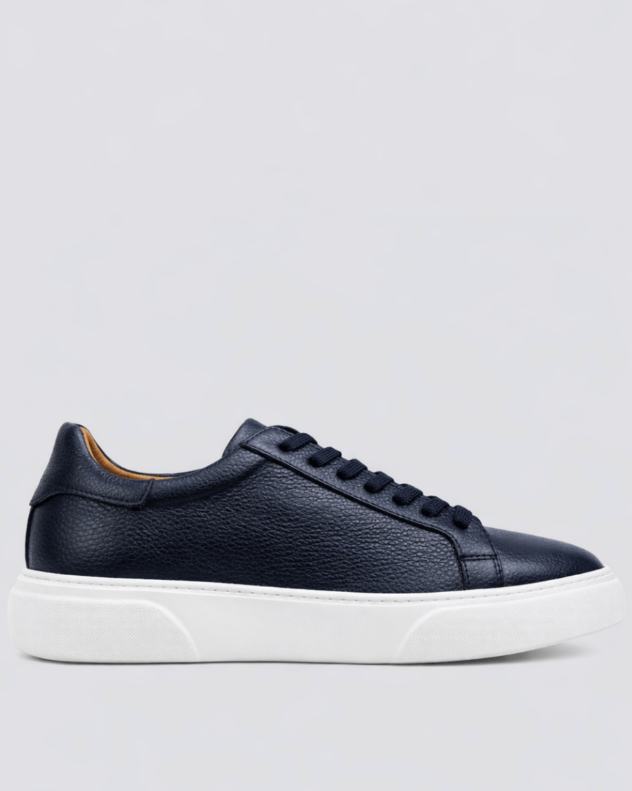 Tünd Göy - Ağ Dəri Sneaker +7CM Boy Uzadan Ayaqqabı