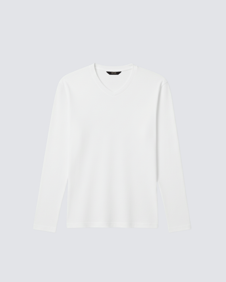 Beyaz Uzun Kollu V Yaka Tişört