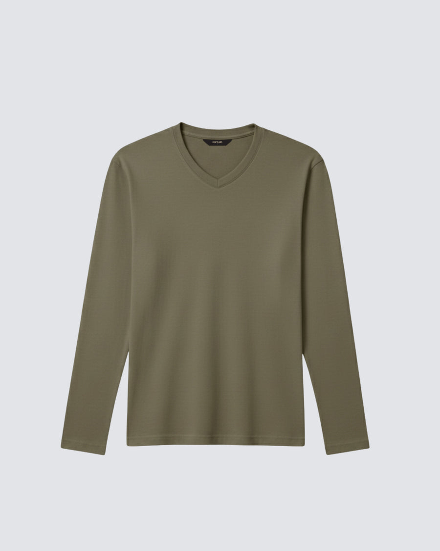 Haki Uzun Kollu V Yaka Tişört