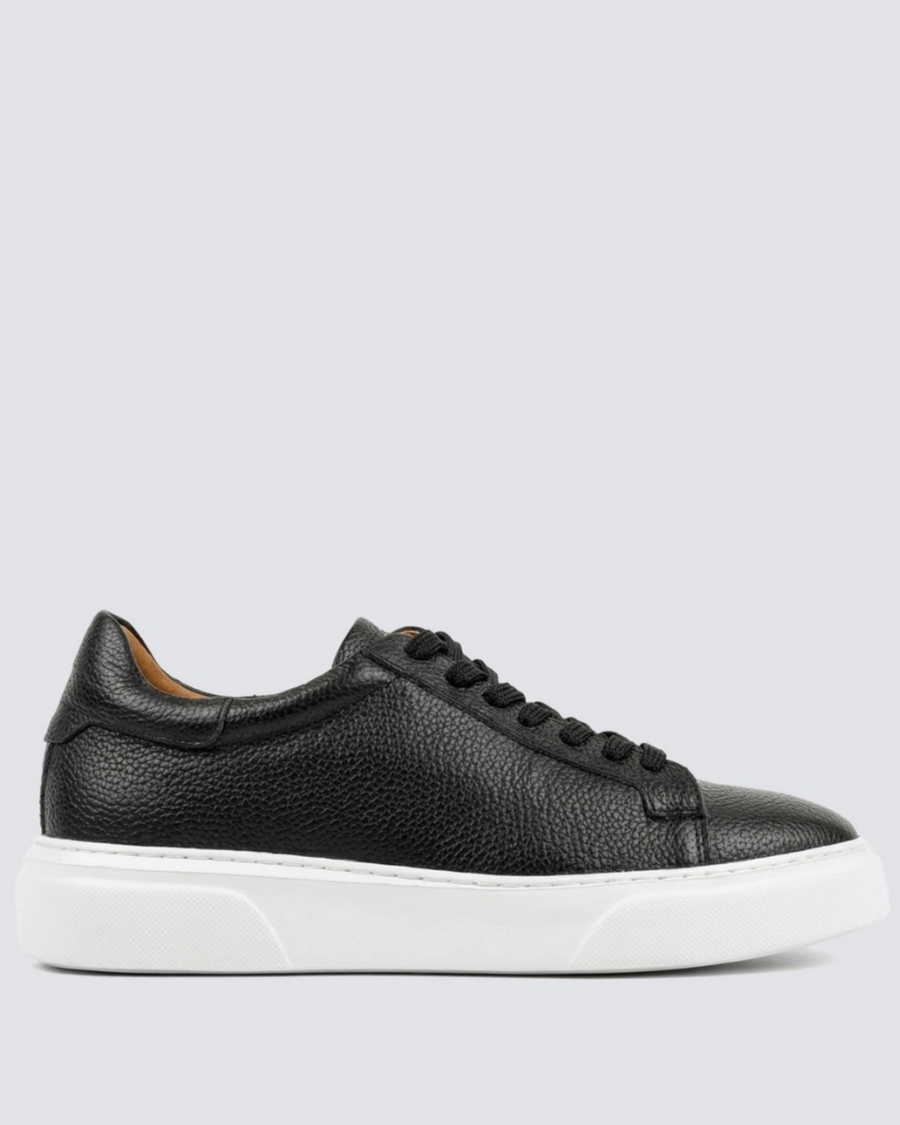 Siyah - Beyaz Deri Sneaker +7CM Boy Uzatan Ayakkabı