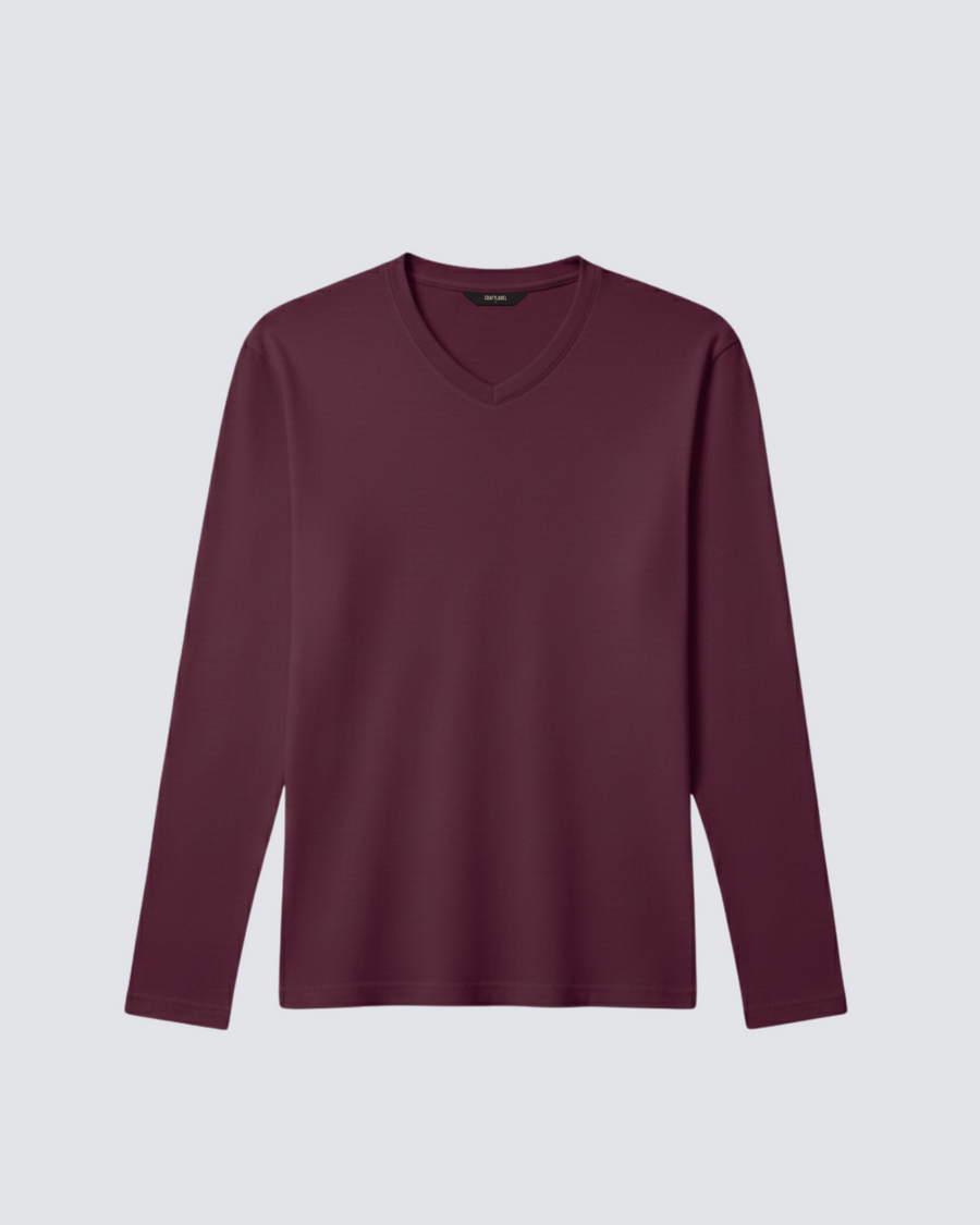 Bordo Uzun Kollu V Yaka Tişört