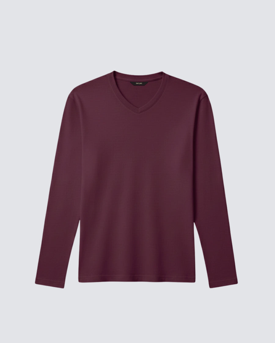 Bordo Uzun Kollu V Yaka Tişört