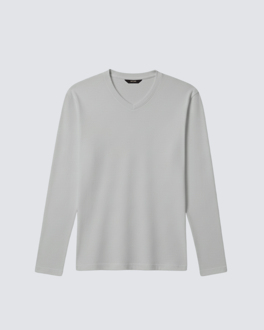 Gri Uzun Kollu V Yaka Tişört