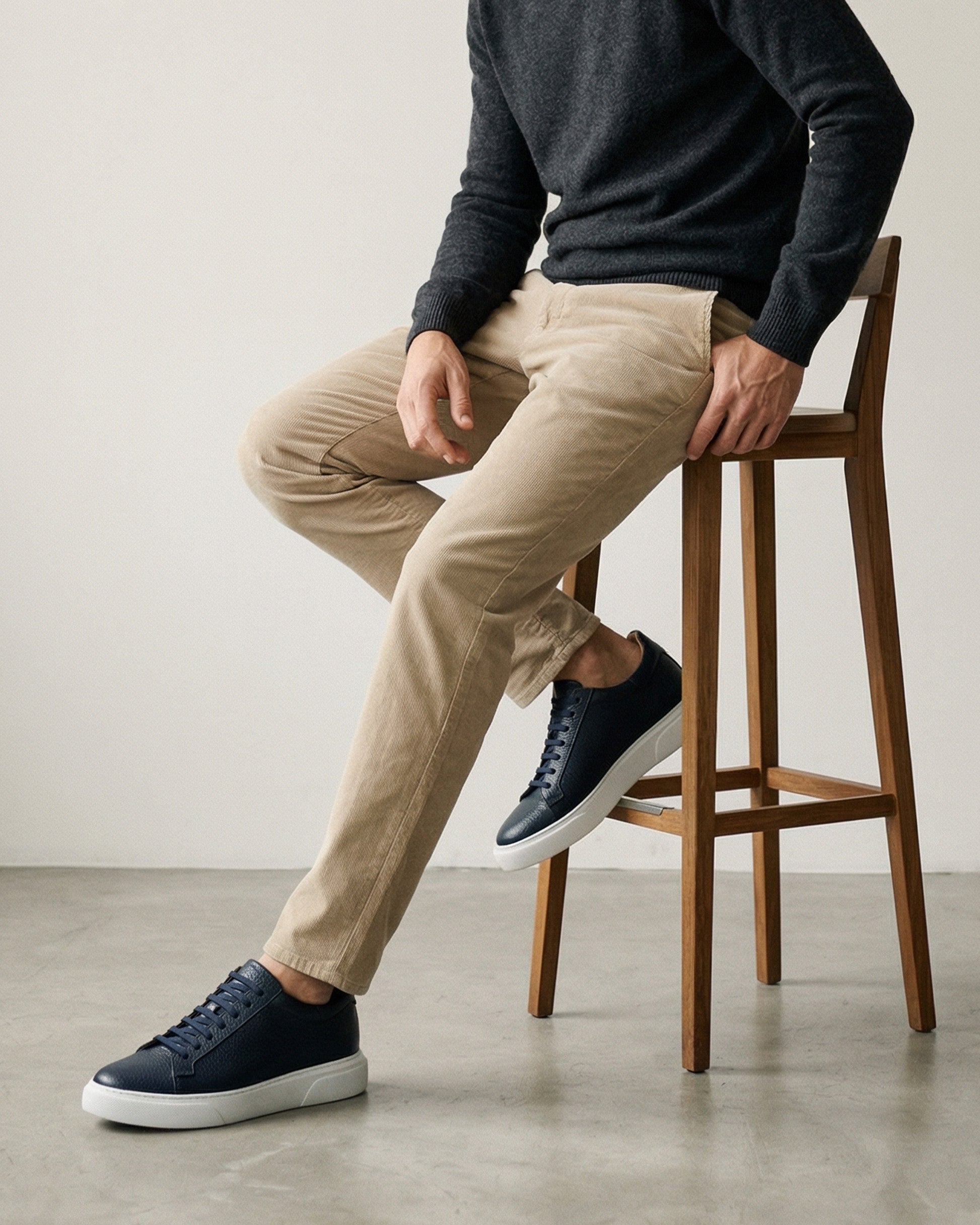 Lacivert - Beyaz Deri Sneaker +7CM Boy Uzatan Ayakkabı