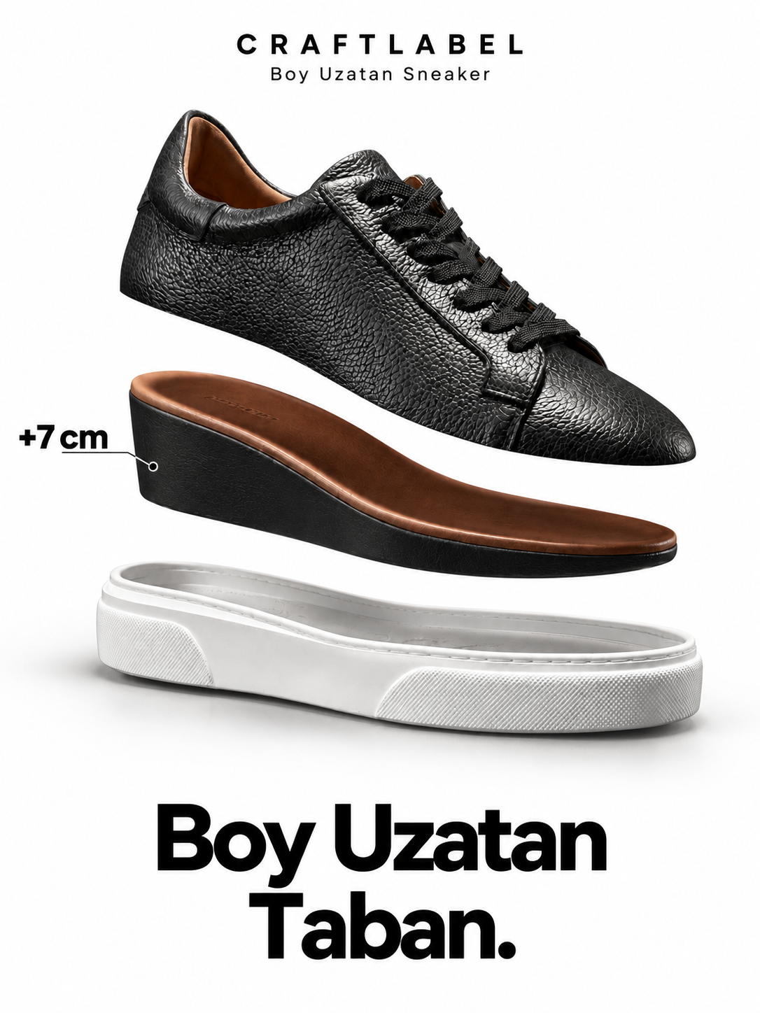 Siyah - Beyaz Deri Sneaker +7CM Boy Uzatan Ayakkabı