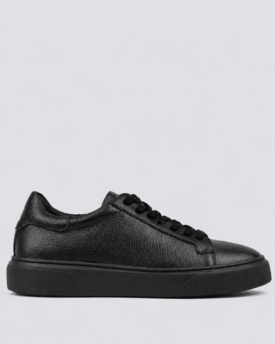 Siyah - Siyah Deri Sneaker +7CM Boy Uzatan Ayakkabı