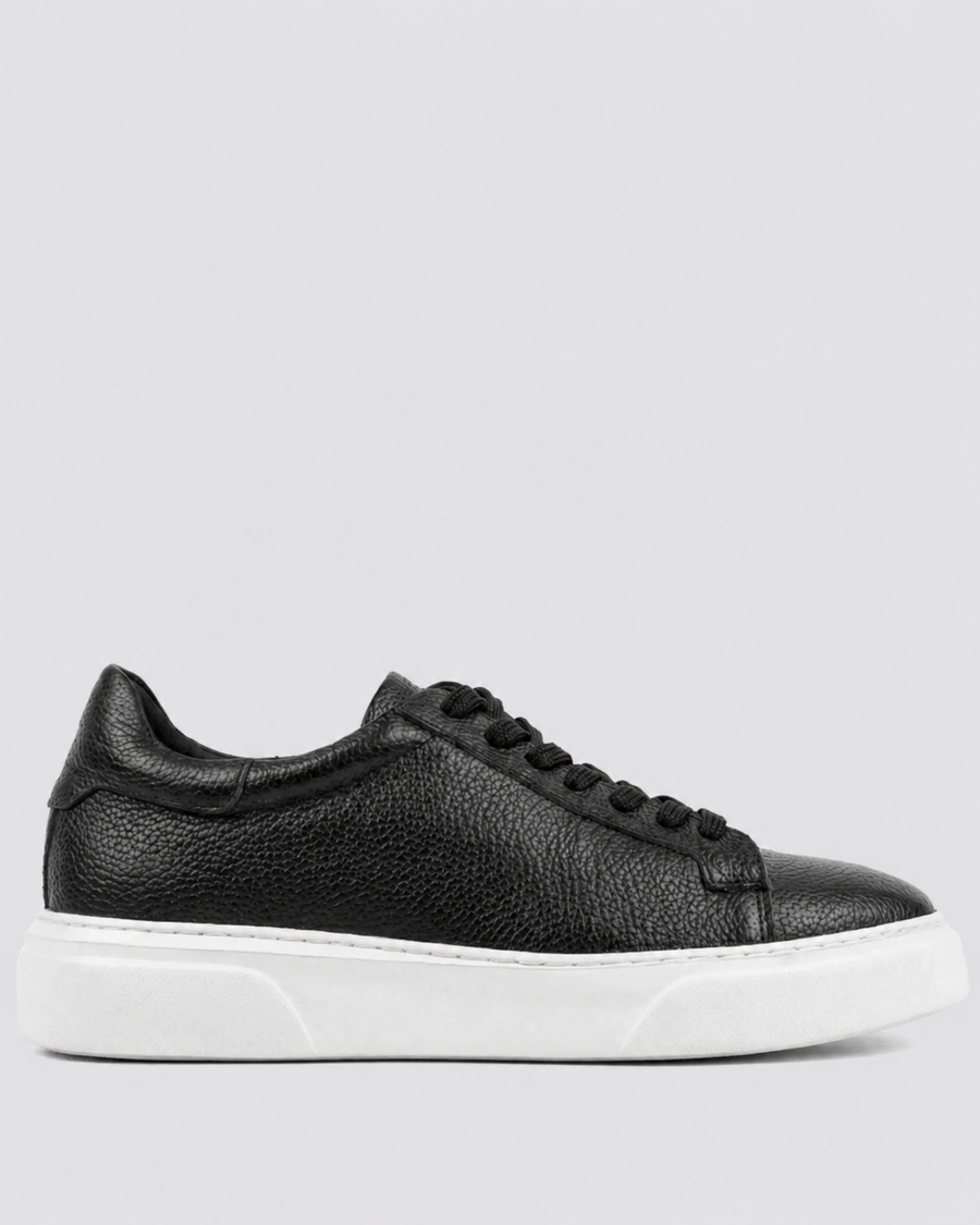 Siyah - Beyaz Deri Sneaker +7CM Boy Uzatan Ayakkabı