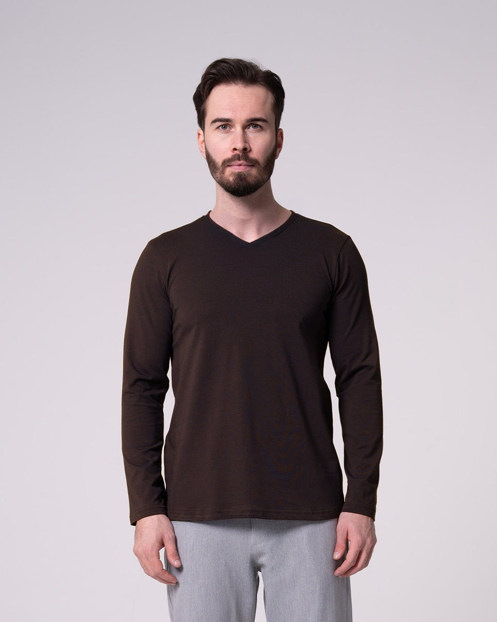Kahverengi Uzun Kollu V Yaka Tişört Craftlabel
