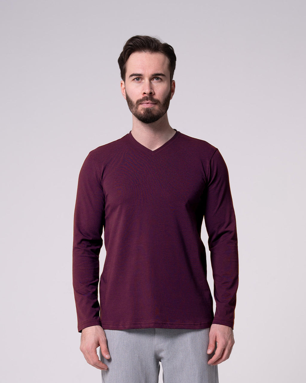 Bordo Uzun Kollu V Yaka Tişört Craftlabel