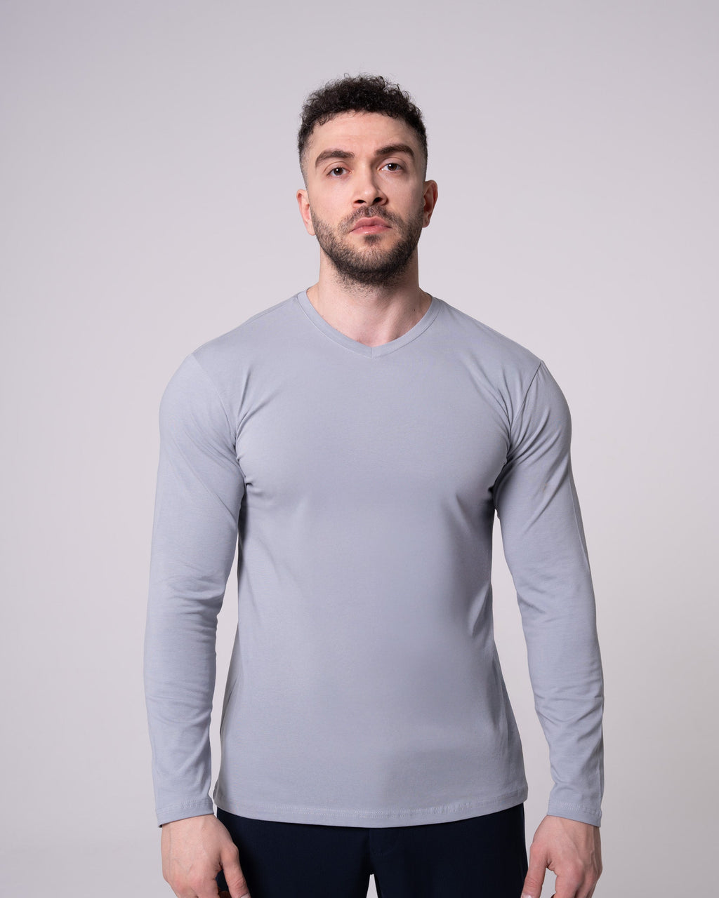 Gri Uzun Kollu V Yaka Tişört Craftlabel