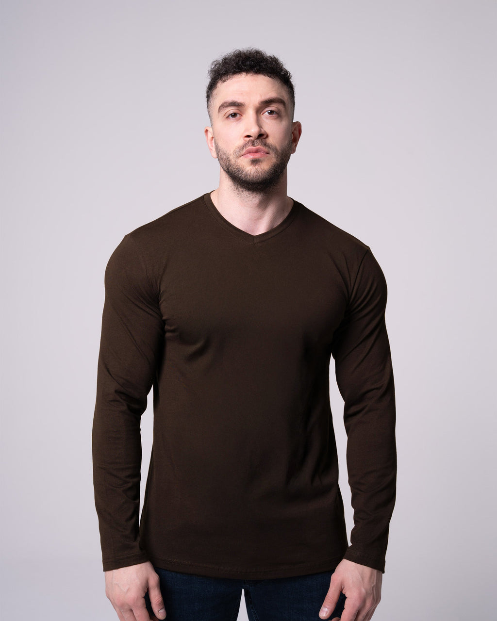 Kahverengi Uzun Kollu V Yaka Tişört Craftlabel