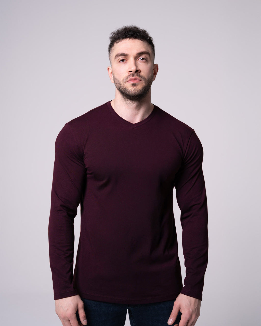 Bordo Uzun Kollu V Yaka Tişört Craftlabel