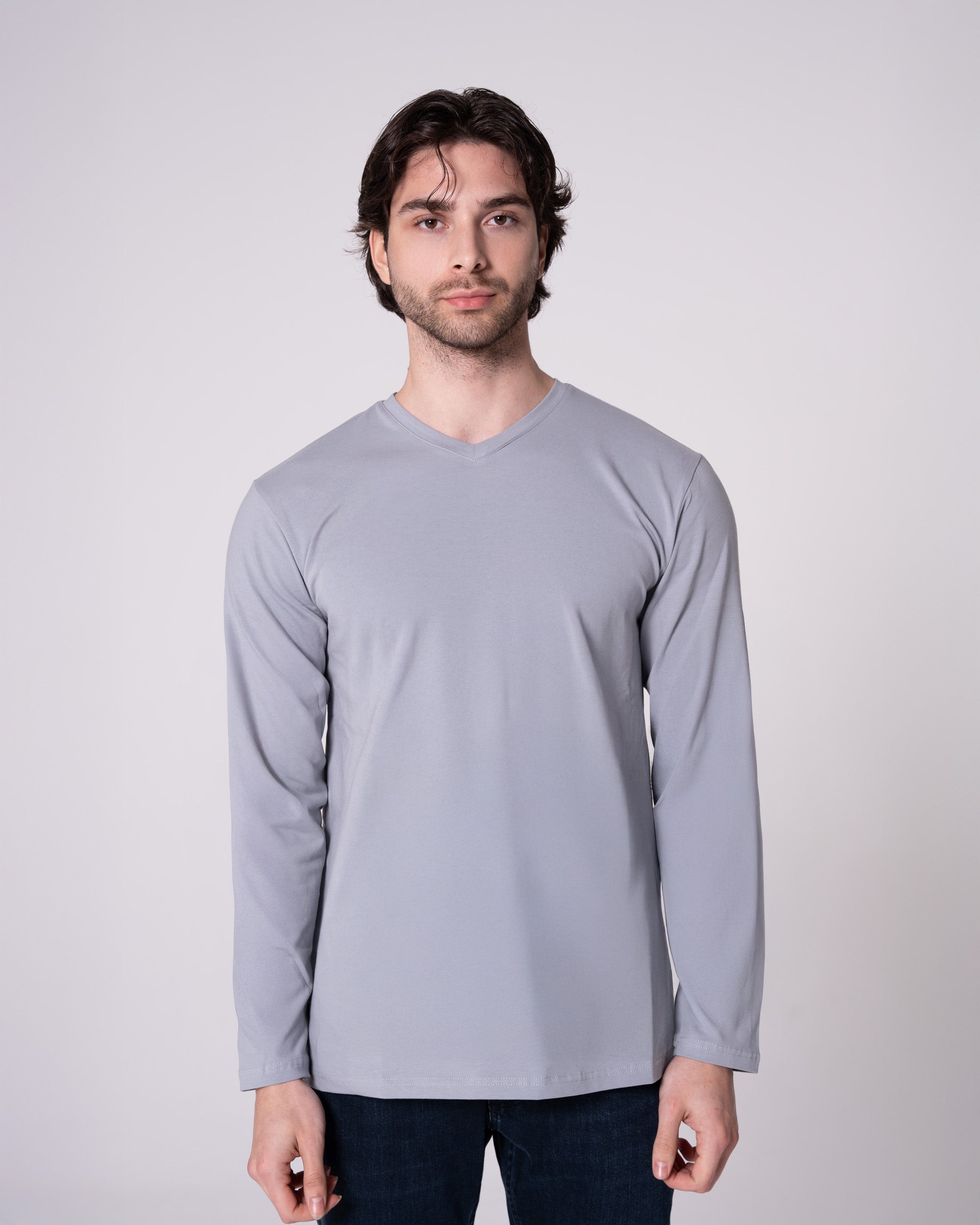 Gri Uzun Kollu V Yaka Tişört Craftlabel