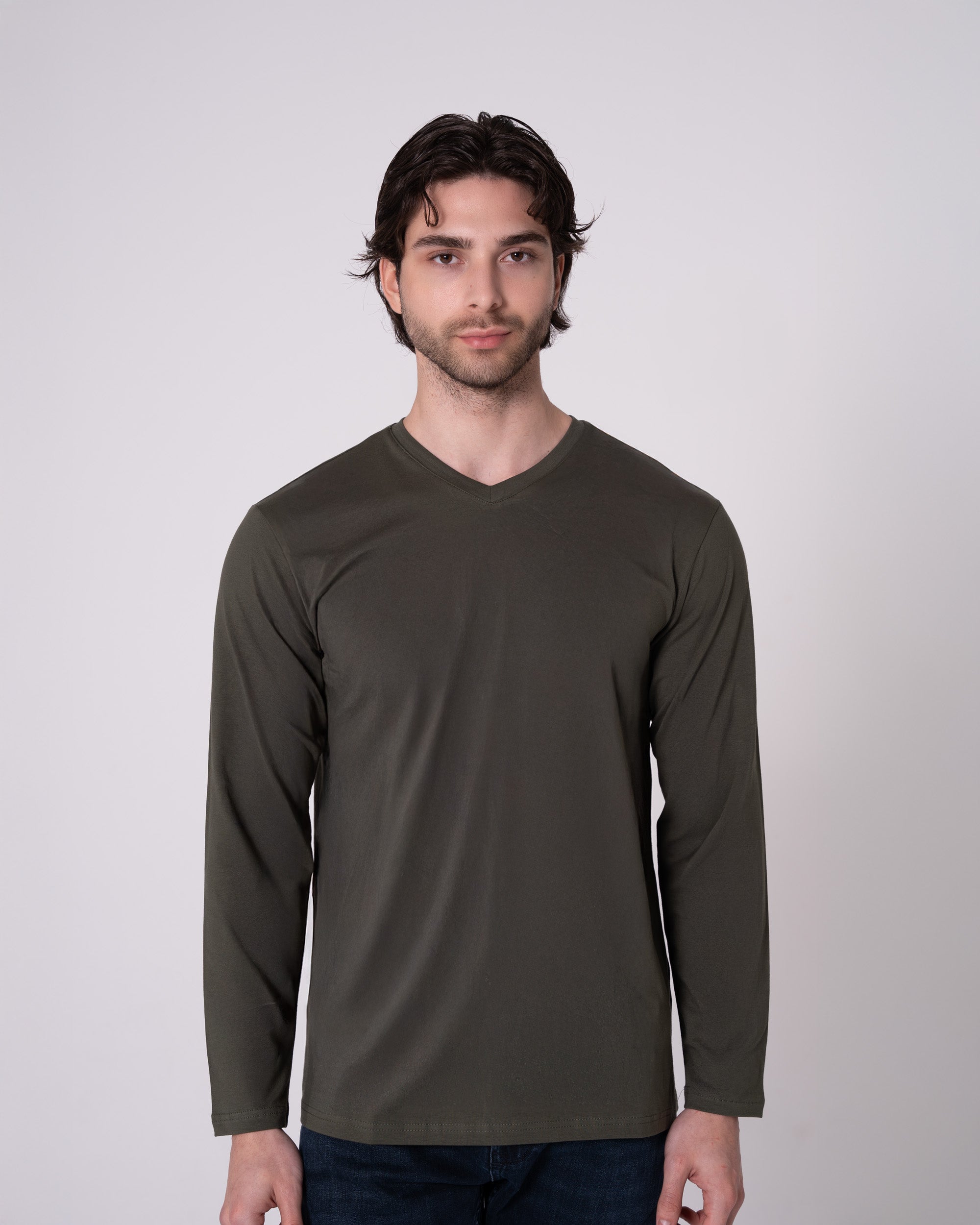 Haki Uzun Kollu V Yaka Tişört Craftlabel