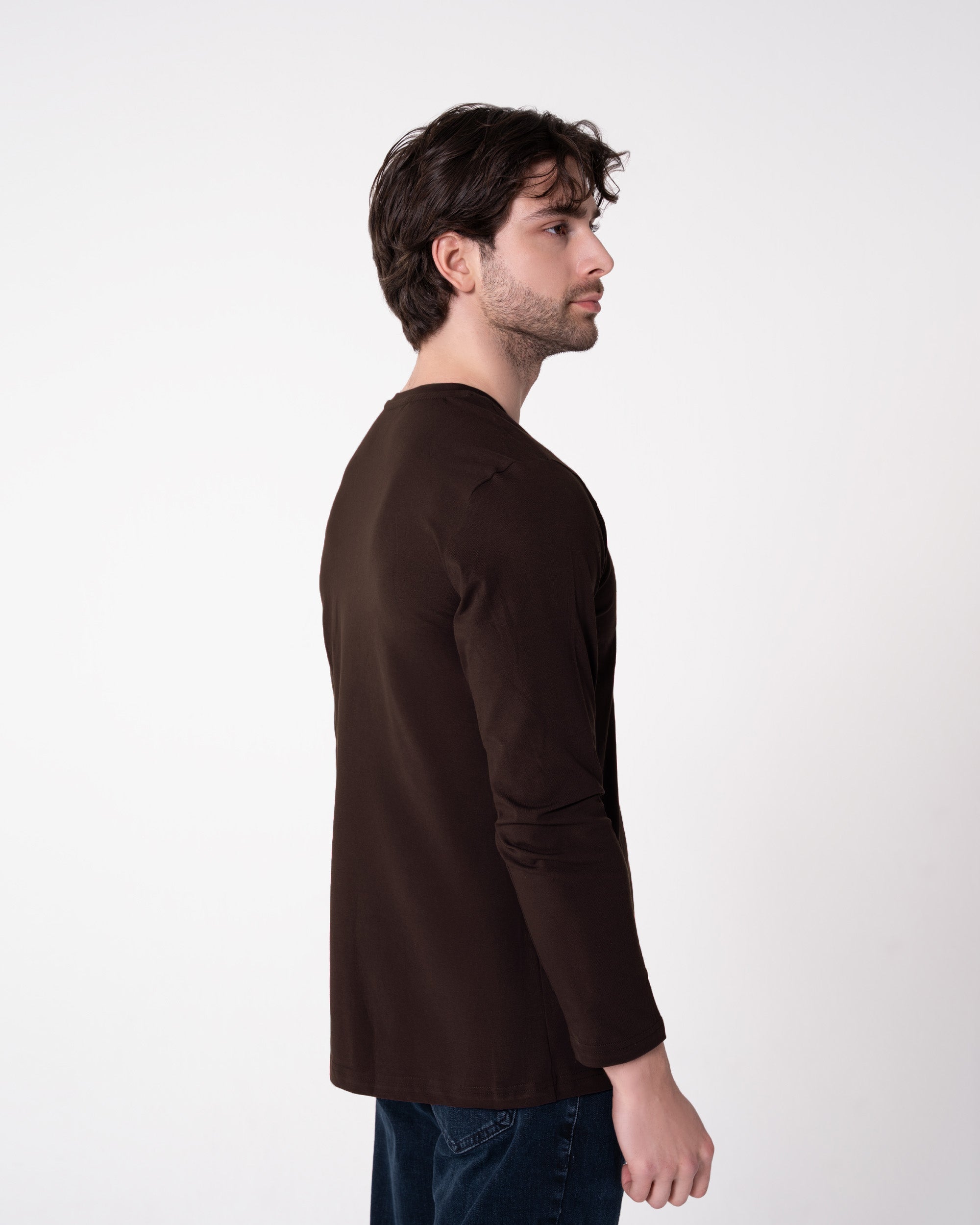 Kahverengi Uzun Kollu V Yaka Tişört Craftlabel