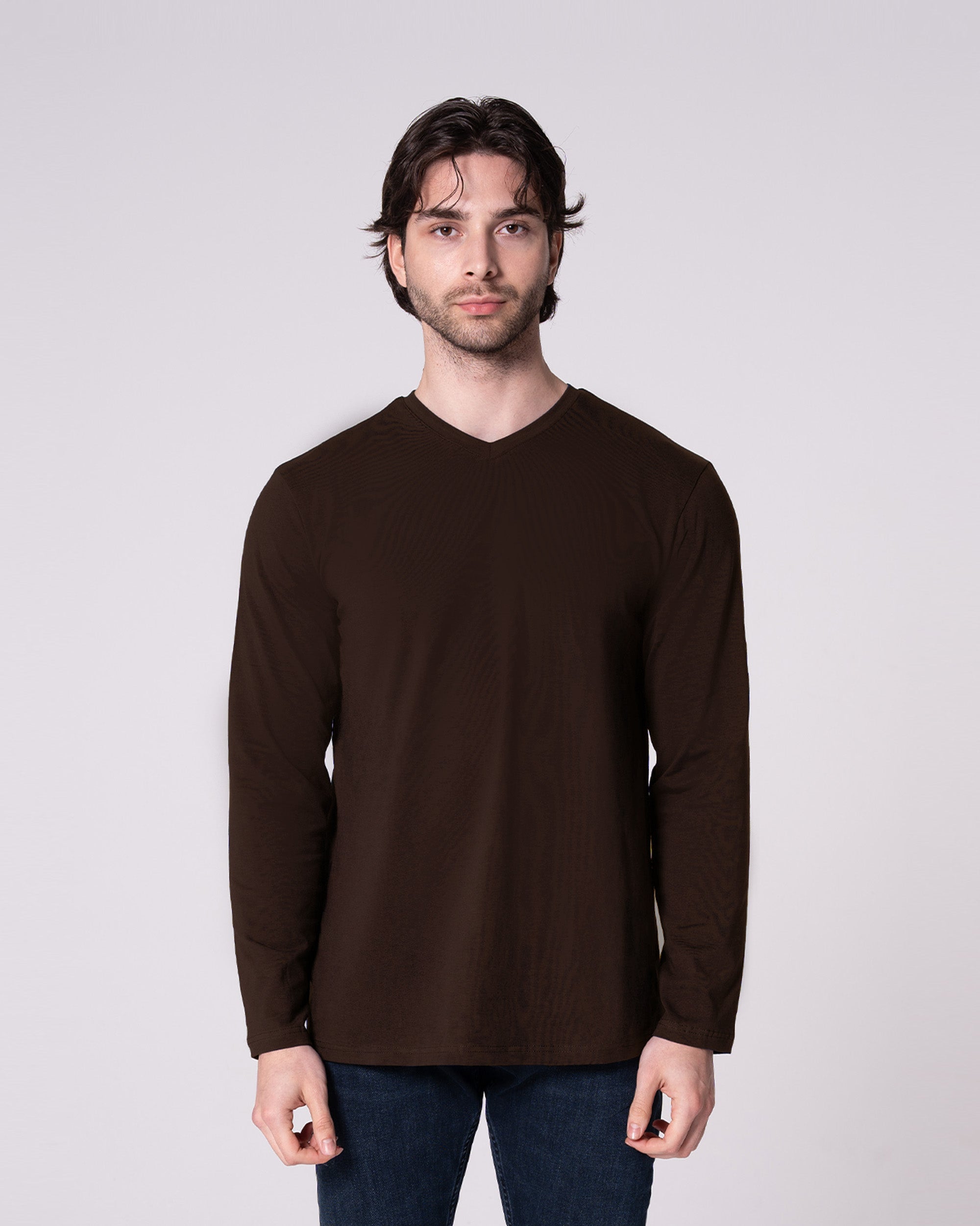 Kahverengi Uzun Kollu V Yaka Tişört Craftlabel