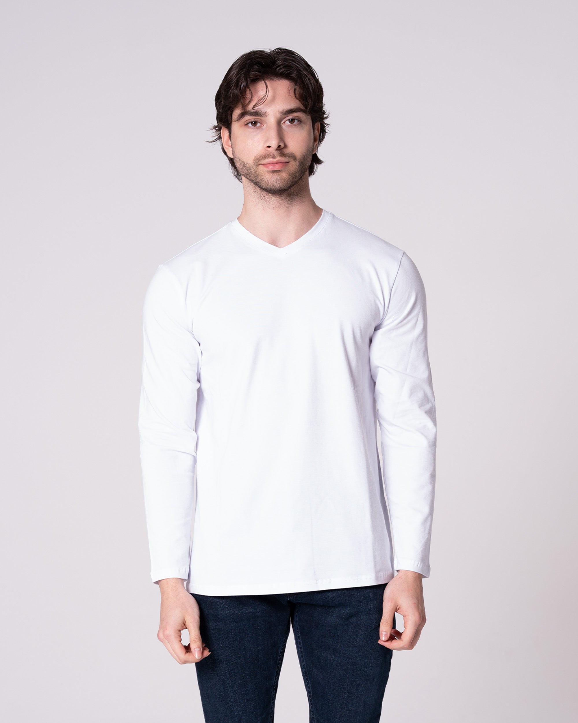 Beyaz Uzun Kollu V Yaka Tişört Craftlabel