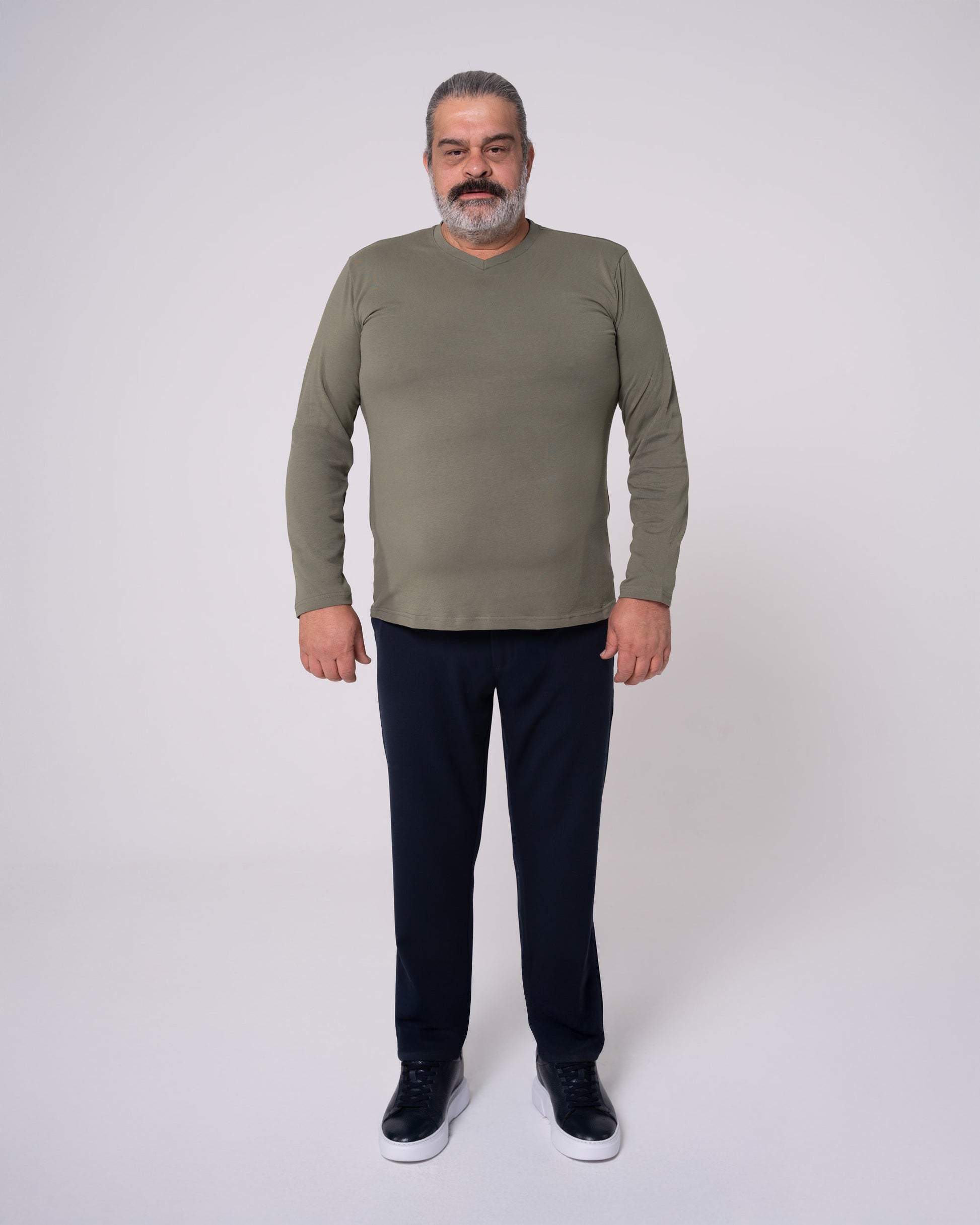 Haki Uzun Kollu V Yaka Tişört