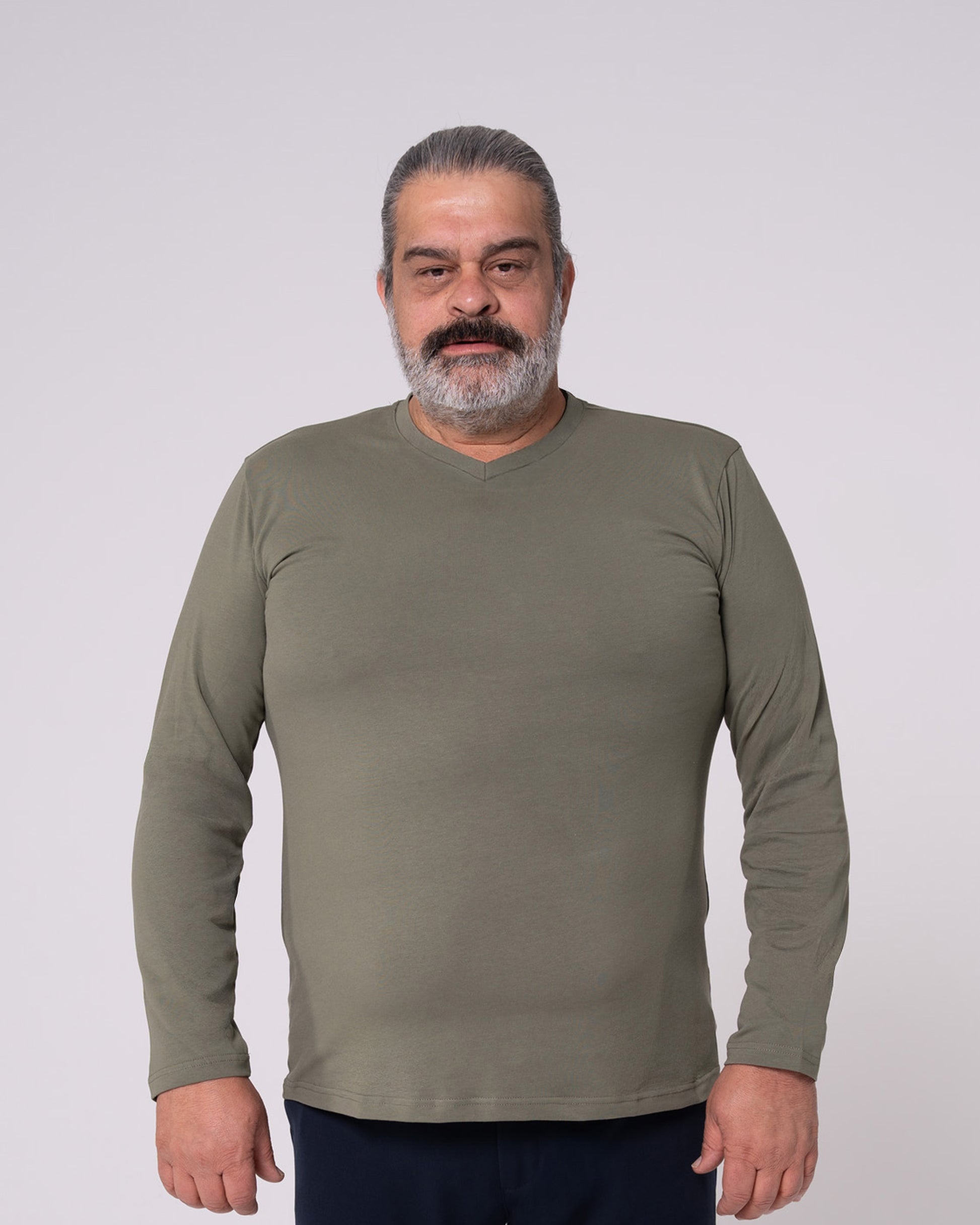 Haki Uzun Kollu V Yaka Tişört