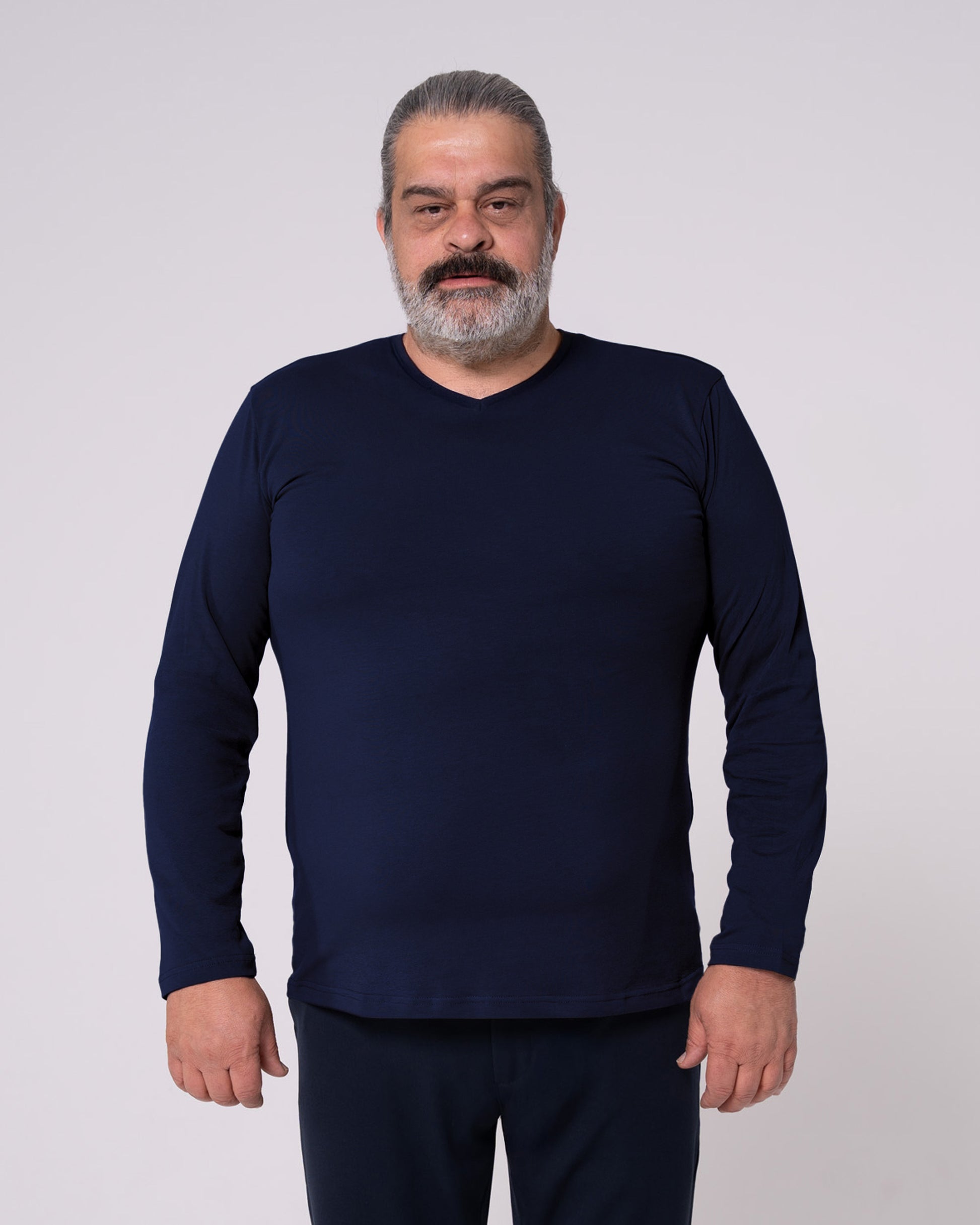 Lacivert Uzun Kollu V Yaka Tişört