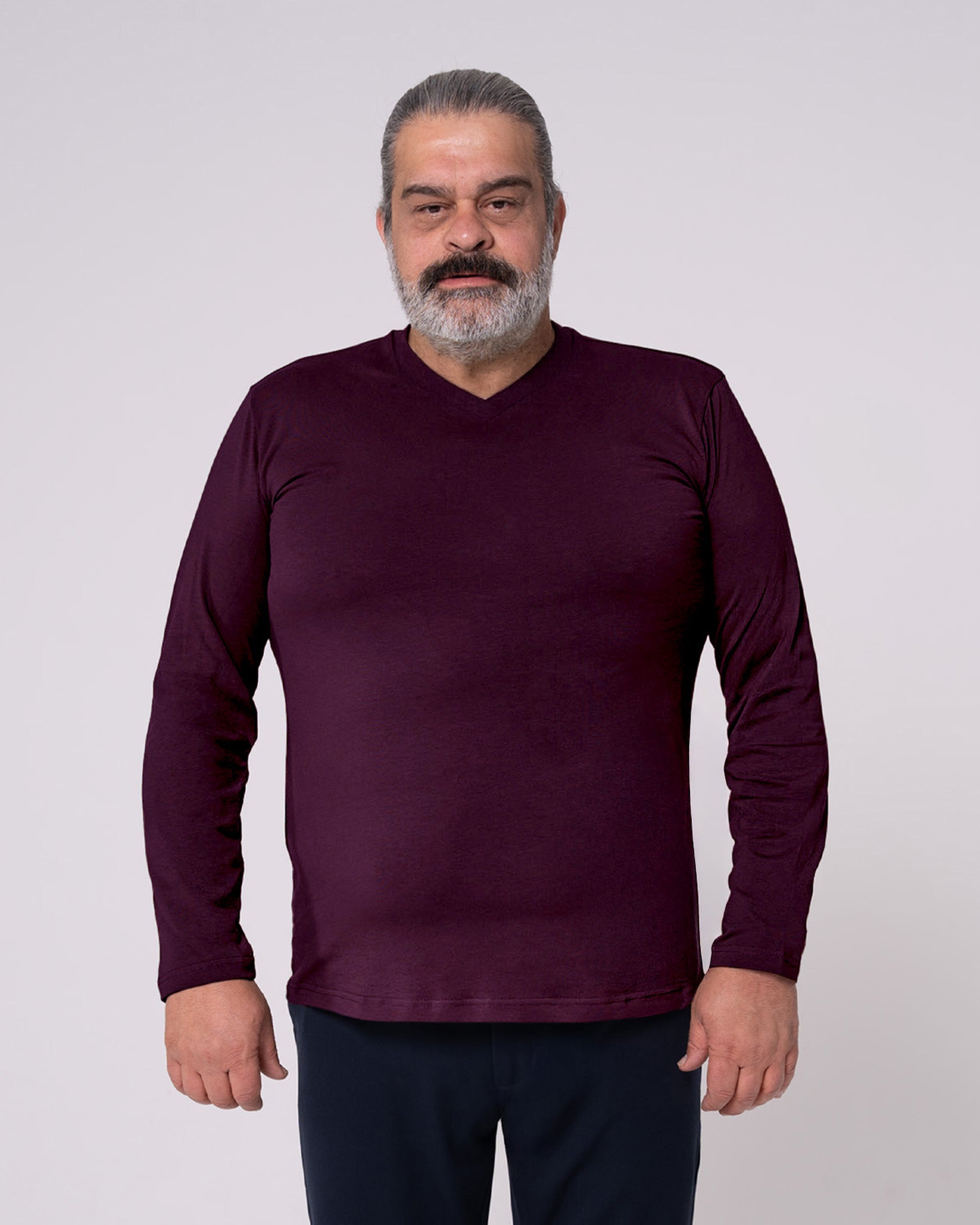 Bordo Uzun Kollu V Yaka Tişört
