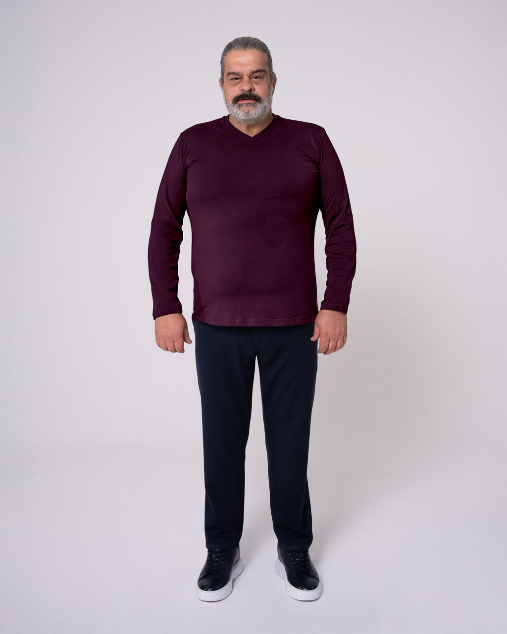Bordo Uzun Kollu V Yaka Tişört