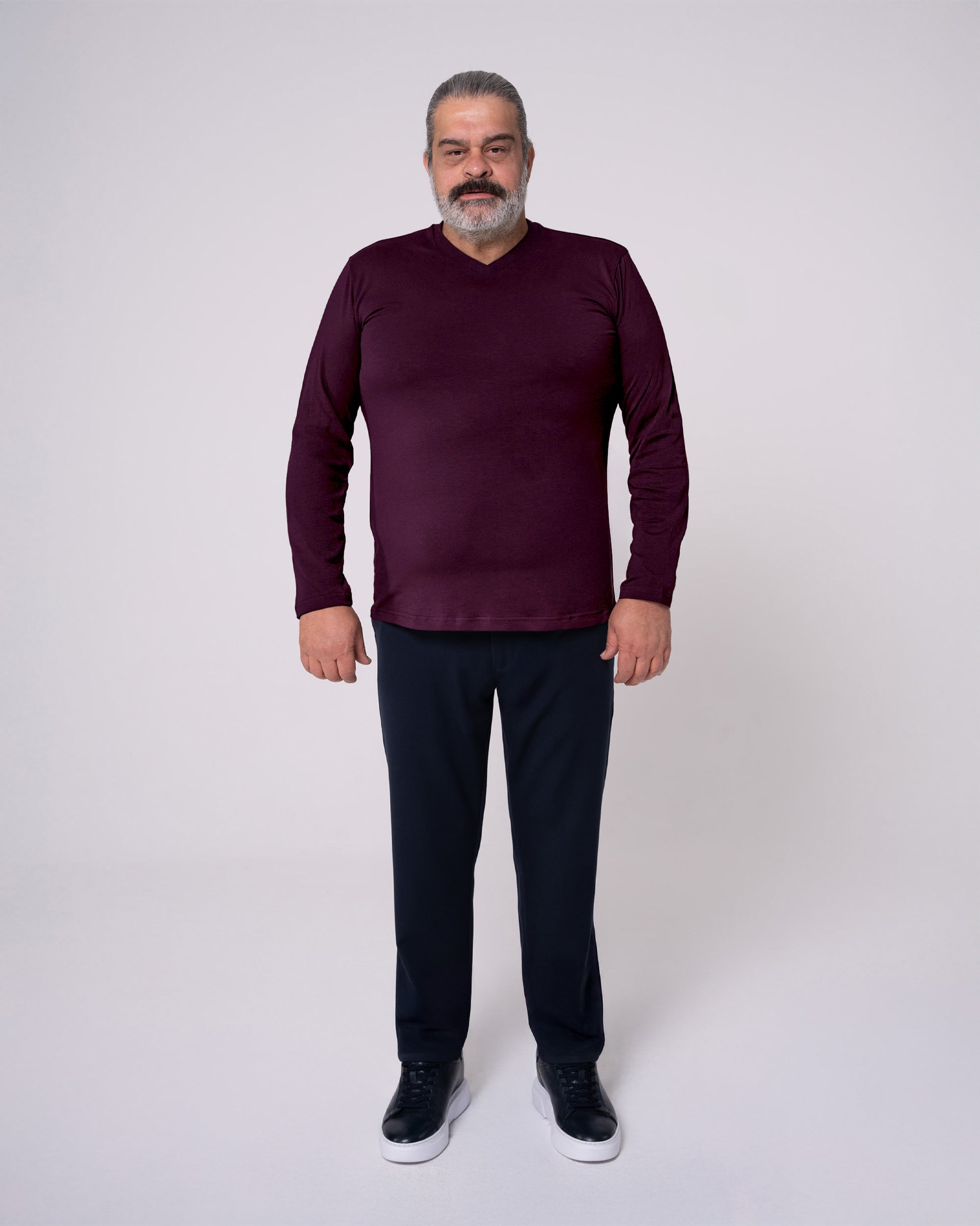 Bordo Uzun Kollu V Yaka Tişört
