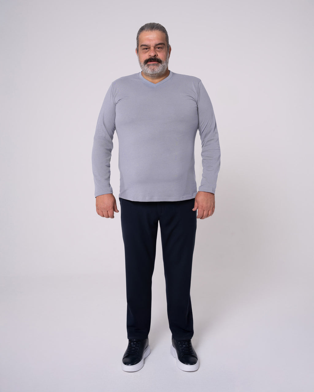 Gri Uzun Kollu V Yaka Tişört