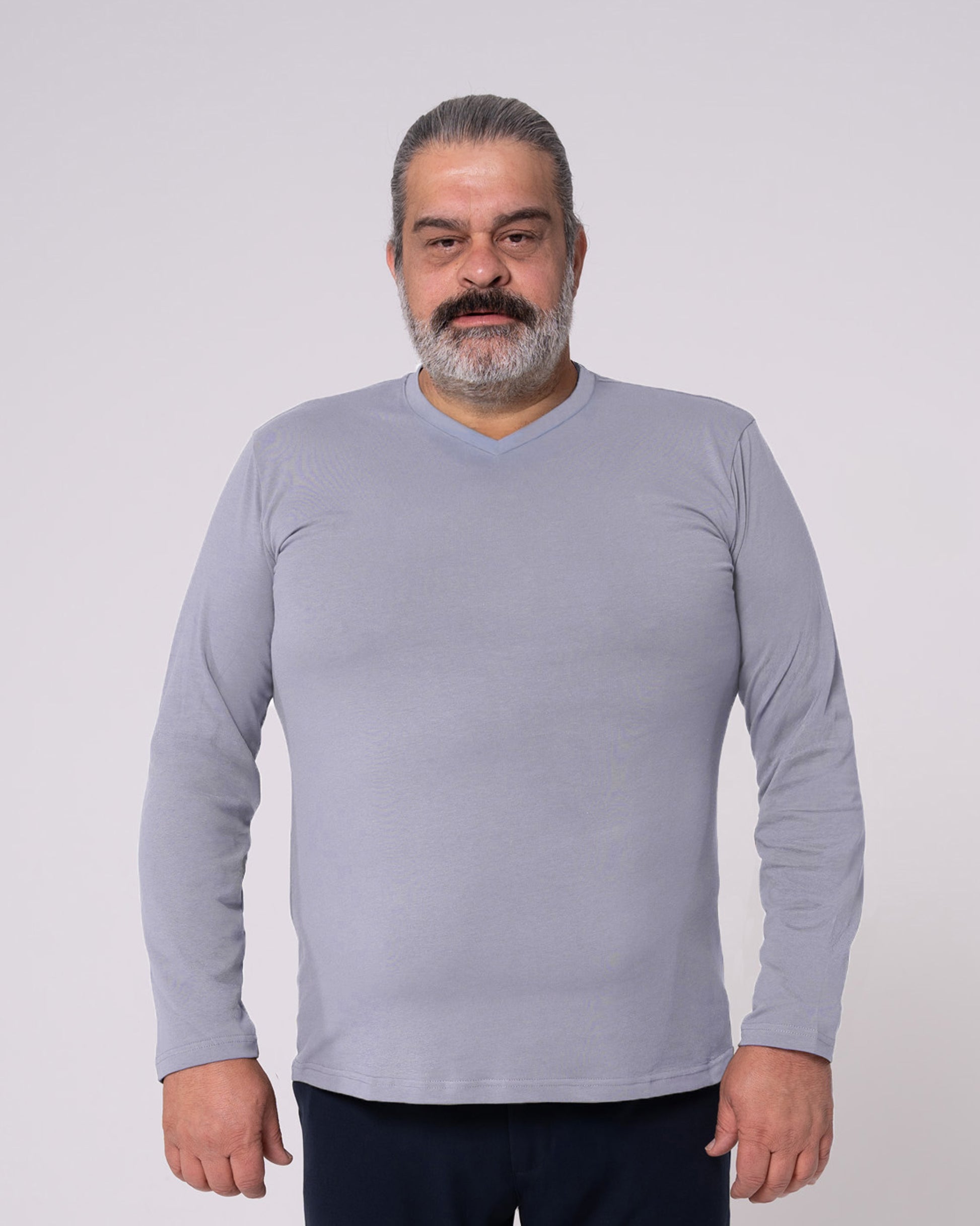 Gri Uzun Kollu V Yaka Tişört